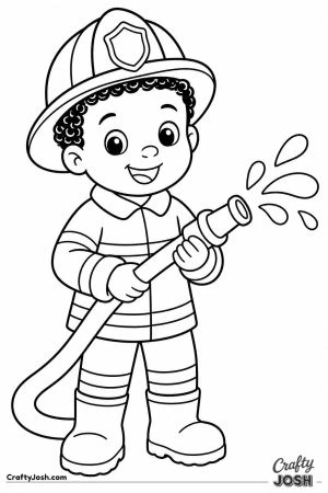Boy dressed as a firefighter with a toy hose