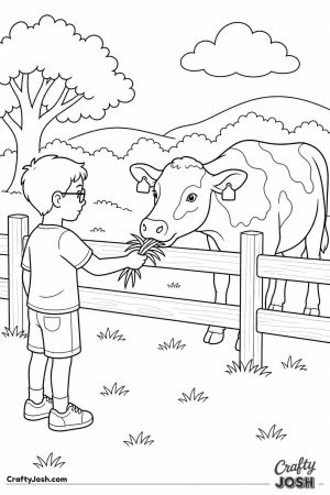 Boy feeding a cow grass over the fence