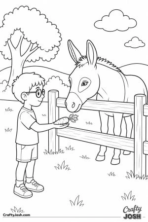 Boy feeding a donkey over the fence