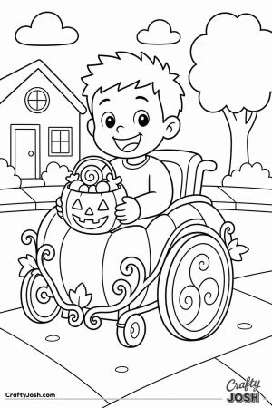 Boy in a wheelchair decorated as a pumpkin carriage