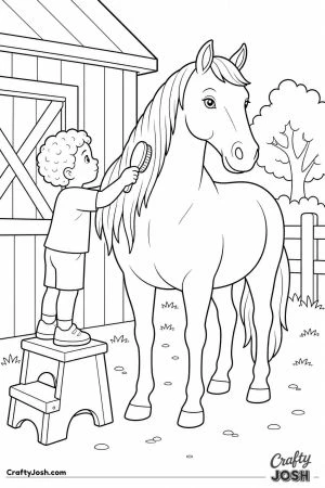Boy on a step stool brushing a horse mane