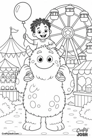 Boy riding on a monsters shoulders at the fair
