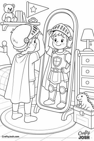 Boy trying on a knight helmet in front of a mirror
