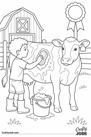 Boy washing his cow for the county fair