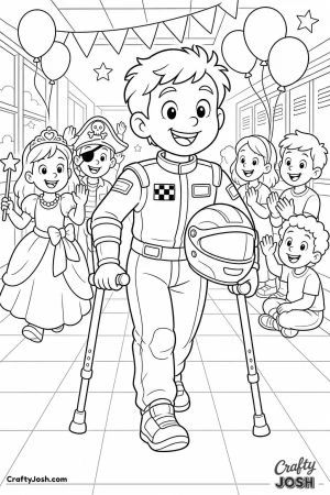 Boy with forearm crutches dressed as a race car driver