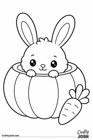 Bunny sitting inside a hollow pumpkin