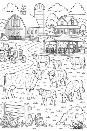 Busy dairy farm with a barn and silo