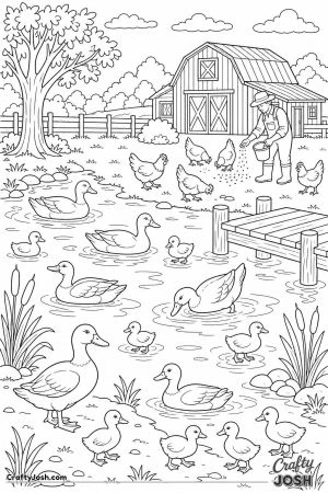 Busy farm pond with ducks and a barn