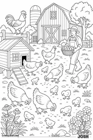 Busy farmyard with chickens a coop and a barn