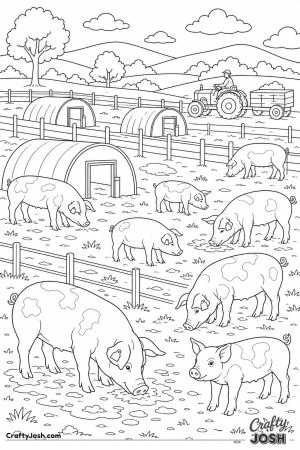 Busy outdoor pig farm with pig arks