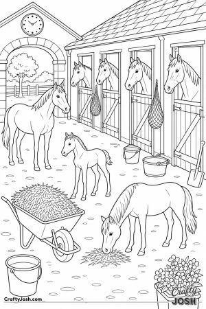 Busy stable yard with horses at every door