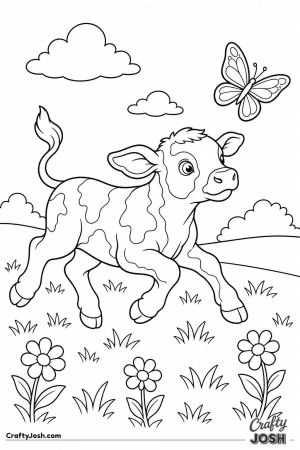 Calf chasing a butterfly across the field