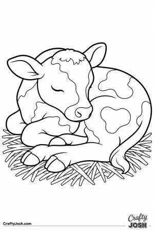 Calf curled up asleep in the straw