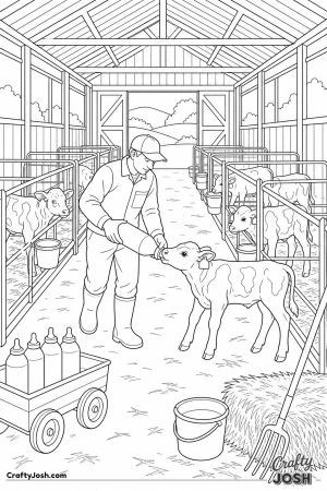 Calf shed with a farmer feeding rows of calves