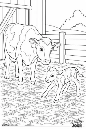 Calf taking its first steps in the straw