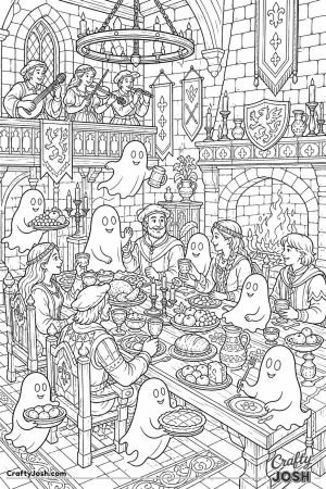 Castle great hall with a friendly ghost at the feast