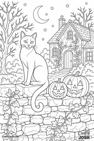 Cat sitting on a stone wall beside jack o lanterns