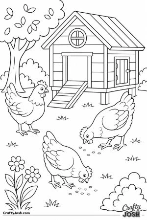 Chicken coop with hens outside