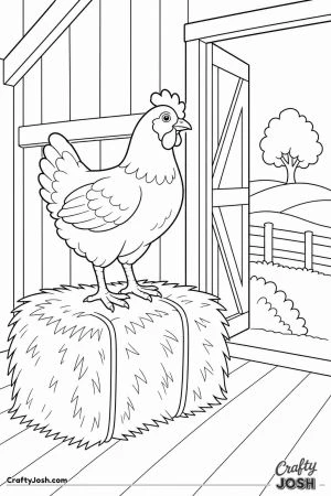 Chicken on a hay bale in the barn