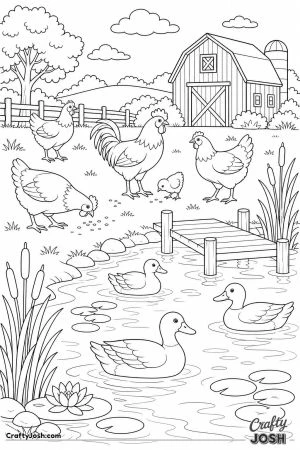 Chickens and ducks around a farm pond