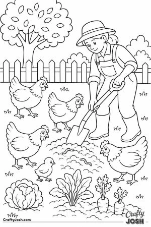 Chickens following a gardener digging for worms