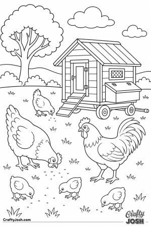 Chickens in a coop on wheels