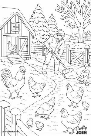 Chickens in a snowy farmyard