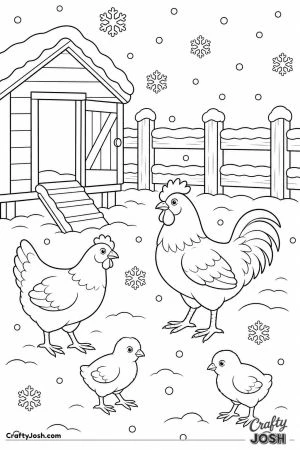 Chickens in the snow by their coop
