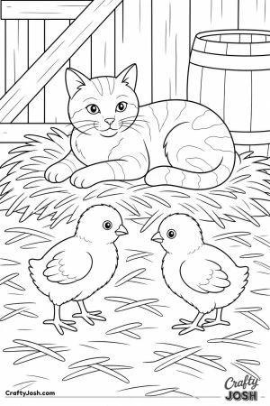 Chicks meeting a friendly cat in the barn