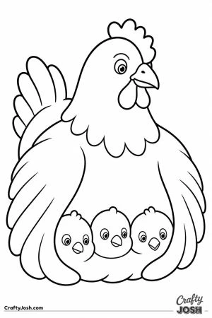 Chicks peeking out from under mother hen