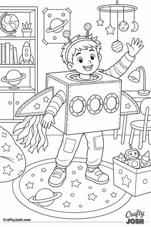 Child dressed as a cardboard spaceship