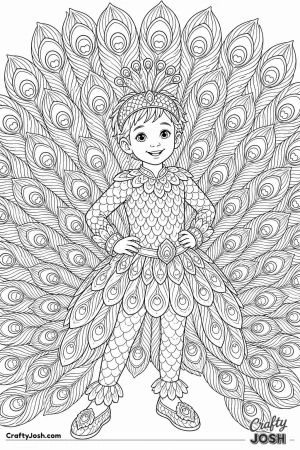 Child in a peacock costume with fanned feathers