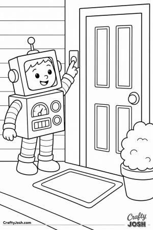 Child in a robot costume ringing a doorbell