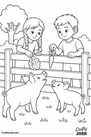 Children feeding pigs at a petting farm