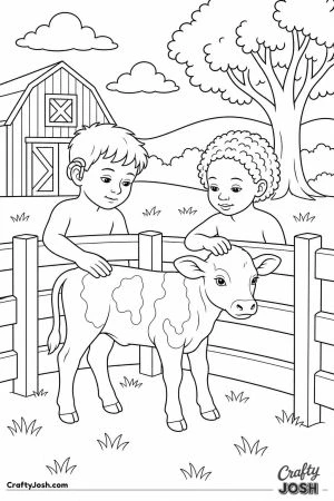 Children patting a calf at a farm visit