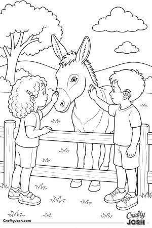 Children patting a donkey at a petting farm