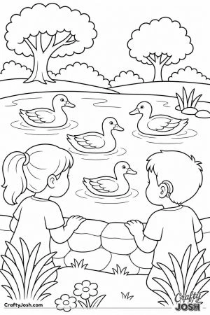 Children watching ducks at the park pond