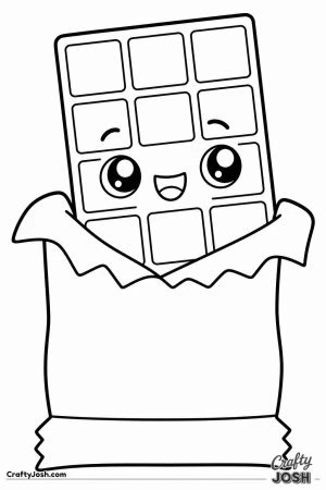 Chocolate bar character peeking out of its wrapper