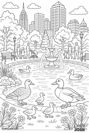 City park pond with ducks and visitors