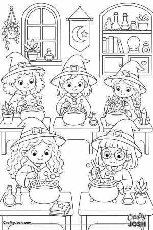 Classroom of little witches with cauldrons