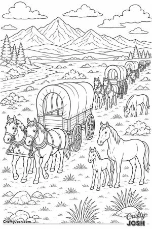 Covered wagons pulled by horses across the prairie
