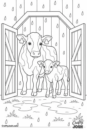 Cow and calf sheltering in the barn doorway