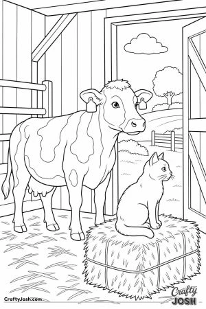 Cow and farm cat in the barn