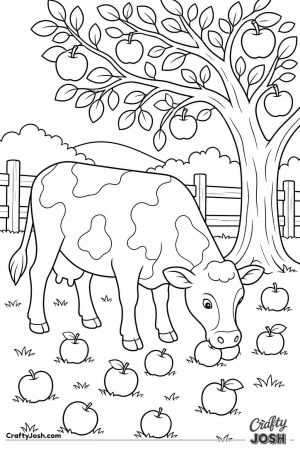 Cow eating apples under an orchard tree