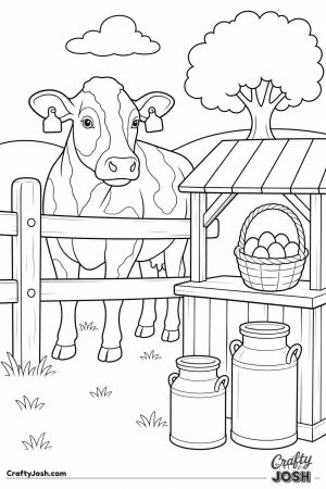 Cow next to a farm stand with milk churns