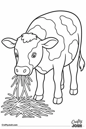Cow pulling hay from a pile