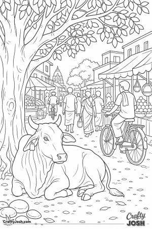 Cow resting in the shade in a busy village street