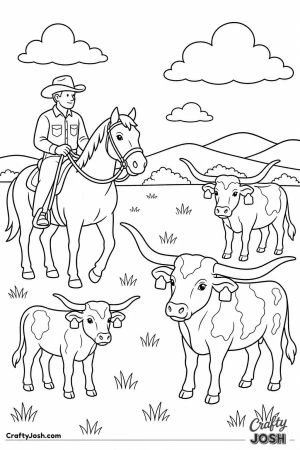 Cowboy herding longhorn cattle on horseback