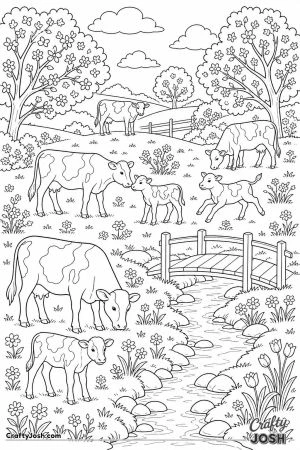 Cows and calves in a spring meadow