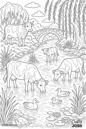 Cows cooling off in a river under willow trees